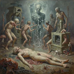oil paint of flayed urchin rectangled god machines, cluster battling everything, glass sentient geocracking, fungal pit, trash patina sheen rotting, by alberto bontempi, alex ross, shigeru komatsuzaki, wayne d barlowe, stefano tamburini, narrative light, muted colors, epic, hyper detailed, awe inspiring, award winning horror, narrative lighting