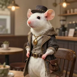 photography of a female anthropomorphic albino rat fursona wearing hipster clothes in a coffee shop, deep focus, d & d, fantasy, intricate, elegant, highly detailed, digital painting, artstation, concept art, matte, sharp focus, illustration, hearthstone, art by artgerm and greg rutkowski and alphonse mucha