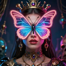 a portrait of a beautiful woman with a neon butterfly covering her face head, cult secret society art by james paick, and shaddy safadi, trending on artstation, ultra detailed, hyper realistic 4 k, unreal engine, octane render, cinema 4 d, c 4 d, rtx, nvidia render, nvidia vmaterials, raytracing, render beeple, mike winkelmann
