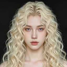 a beautiful hyper real portrait of pretty pale androgynous young man Lucius with long fluffy curly platinum gold blond hair, symmetrical Center parted curtain bangs, art by rembrandt