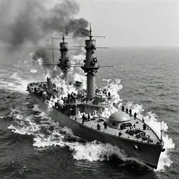 steampunk battleship engulfed in flames and sinking with water crashing on deck, clouds of smoke, bird's eye view, cinematic full shot, high detail, 35mm film black and white photograph