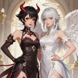 portrait of demonic woman and angelic woman, confident pose, pixie, genshin impact, intricate, elegant, sharp focus, soft bokeh, illustration, highly detailed, concept art, matte, trending on artstation, bright colors, art by wlop and artgerm and greg rutkowski, holographic undertones, mucha, giger, marvel comics and beksinski