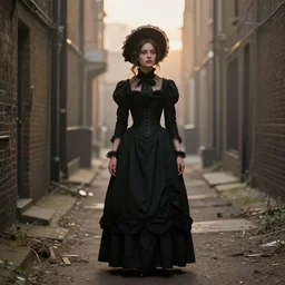 a young woman wearing a long black victorian dress corset hat, brown hair, in a dirty victorian london slum back alley, smog atmosphere, sunset, dramatic shadows, urchins, street sellers, sharp closeup finely detailed face features, comic book art by neal adams, dave mckean, joe benitez, roc upchurch, juanjo guarnido