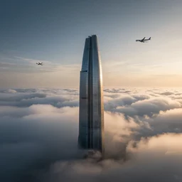 horizontal skyscraper flying in the clouds, planes in the sky