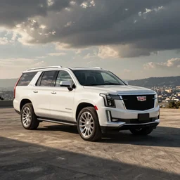 A Cadillac Escalade fused with a GMC Yukon, white, wide shot, car photography, Los Angeles