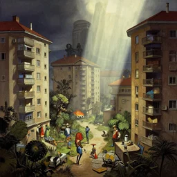 highly detailed wide - angle portrait of a retro 1 9 6 0 s residential area, nicoletta ceccoli, mark ryden, lostfish, earl nore, hyung tae, frank frazetta, global illumination, god rays, detailed and intricate environment
