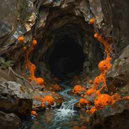 big dark hollow cave, small water stream, orange minerals, fantasy, art by greg rutkowski