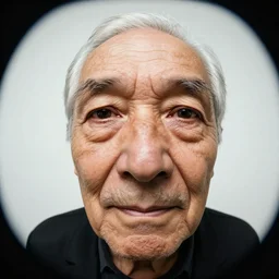 an ultra wide fish eye close up portrait photo of an old man with a purple floodlight shined on him, 4 k, 8 k, ultra hd, photorealistic.