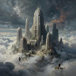 amazing highly detailed painting of a weird eerie futuristic city in the clouds, full of people. hd hq 8 k