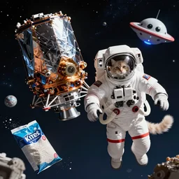 Deep space, matinee blockbuster, the James Webb Telescope, an action sequence of an astronaut in a spacesuit ((cream colored Maine Coon kitten)), space walk, an unopened bag of kitty litter floats nearby, in the background friendly cute alien spacecraft, digital art, 4K, 8K, road trip exciting