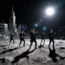 photo of sci-fi musicians performing, on the Moon, long shadows, in a Russian cyberpunk city called Neo Norilsk, pitch black sky with stunning bright stars, bright sun, high contrast, diverse outfits, lively, freaky, black sky full of stars, LEDs, holograms, blinding bright sun, sci-fi, cyberpunk outfits, photorealistic, grainy, 35mm, intricate, very very beautiful, elegant, smooth, cinematic, Unreal Engine 5, by Beeple