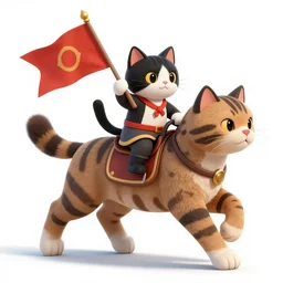a small warrior tuxedo cat carrying his battle flag while riding a large striped cat steed that is galloping into battle