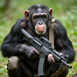 photo of a chimp with a machinegun