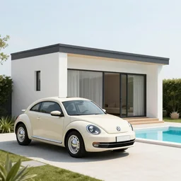 a vw beetle parked near a modern small house with a pool at sunrise, concept art, octane render, unreal engine 5, trending on artstation, high quality, highly detailed, 8 k, soft lighting, path traced, godrays, lens flare, hyperrealistic, symmetrical, low contrast, digital art, beautiful, elegant