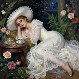 sleeping thick paint brush strokes full body fashion model emma watson by Jeremy Lipking by Hasui Kawase by Richard Schmid (((smokey eyes makeup eye shadow fantasy, glow, shimmer as victorian woman in a long white frilly lace dress and a large white hat having tea in a sunroom filled with flowers, roses and lush fern flowers ,intricate, night, highly detailed, dramatic lighting))) , high quality
