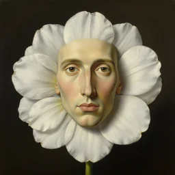 portrait of a flower - head man by rene magritte, detailed painting, distance, centered, hd, hq, high resolution, high detail, 4 k, 8 k