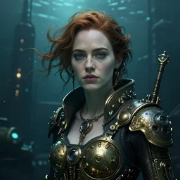 dark underwater steampunk portrait of emma stone, detailed bioshock city in the background, hyper detailed, digital art, cinematic lighting, studio quality, smooth render, unreal engine 5, octane rendered, art style by klimt and nixeu and ian sprigger and wlop and krenz cushart.
