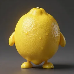 a lemon in shape of a human with legs of lemons and round body.