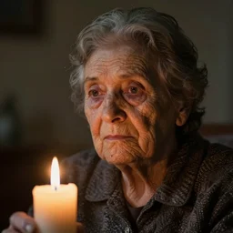 a close up portrait of one lonely solitary old underweight lady frozen, full colour, hyper realistic photo, candle light, dramatic shadows, shallow depth of field, upscale, 8 k, masterpiece,