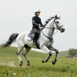 a robot horse running down a hill while someone is sitting on its back, photorealistic, 4K, accurate