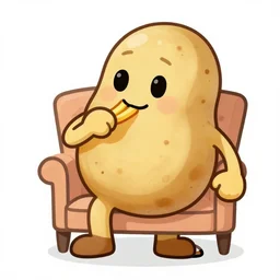 large baked potato humanoid sat on a chair eating fries cartoon