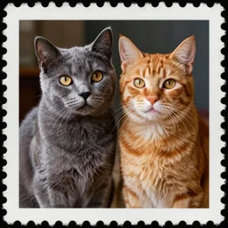 beautiful portrait two cat, gray cat, ginger cat, beautiful polaroid photo, beautiful postage stamp