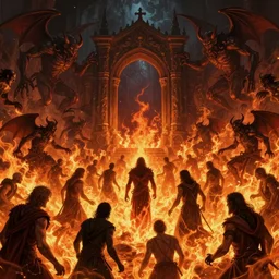 Purgatory, fire in hell. A crowd of sinful people is burning in hell in hellfire. The gateway to the infernal underworld. Devils demons and ghouls torment sinful people, highly detailed, digital painting, artstation, concept art, smooth, sharp focus, illustration, art by artgerm and greg rutkowski and alphonse mucha