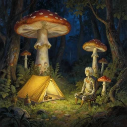 humanoid mushroom camping in a forest at night, campire lighting, science fantasy painting, elegant intricate digital painting artstation, greg rutkowski and alphonse mucha, detailed