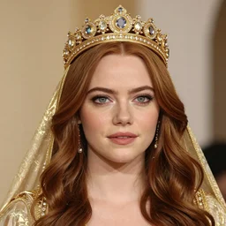 A full body shot of Emma Stone wearing a golden Arabian crown , royality, high quality, fully detailed, 4k, in focus, detailed eyes