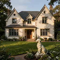a beautifull house with a statue of a dog in the garden