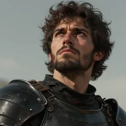close up picture of a male warrior looking at the sky, angry, sad, rugged, black plate armor, simple, brown skin, messy curly hair, unkempt beard, highly detailed, detailed face, smooth, sharp focus, chiaroscuro, digital painting, artgerm, greg rutkowski, alphonse mucha, young adult light novel cover art