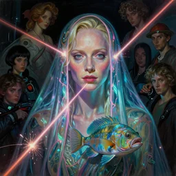 awe-inspiring award-winning concept art full body face portrait painting of attractive anglerfish cyberpunk Tilda Swinton in neon shrouds as the goddess of lasers, sparks, by Julie Bell, Jean Delville, Virgil Finlay, Alphonse Mucha, Ayami Kojima, Amano, Charlie Bowater, Karol Bak, Greg Hildebrandt, Jean Delville, Frank Frazetta, Peter Kemp, and Pierre Puvis de Chavannesa, extremely moody lighting, glowing light and shadow, atmospheric, shadowy, cinematic, 8K,
