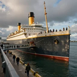 a colored, wide shot, photo of the titanic docked in the port of Cobh in Ireland, passengers are seen entering the ship via the seaport passenger boarding bridge