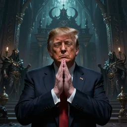 Donald Trump praying to the Dark Gods at the unholy temple of DarkMAGA, highly detailed, digital art by Ross Tran and Greg Rutkowski