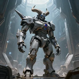 Techno-God is an ancient mechanical gray giant horned humanoid standing in the inside a huge megastructure, digital art, 8k, hyperrealism, high detail, ray tracing