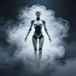 female cyborg disappears into a quantum cloud