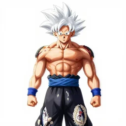 son goku with shiny white hair wearing black nori pants covered with rice and tuna art by stanley artgerm lau, wlop, rossdraws, james jean, andrei riabovitchev, marc simonetti, yoshitaka amano, artstation, cgsociety