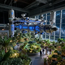 human space station with blue lights, grey structures, indoor garden with people working on it, large windows with views of the space, hyperdetailed, artstation, cgsociety, 8 k