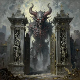 a painting of the cyberpunk gates of hell , by john william waterhouse, by John William Godward, by austin osman spare, symbolist painting, mist, volumetric render, digital painting, detailed painting, occult, sharp focus, intrincate details, symmetrical composition