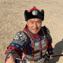 Norm MacDonald wearing Mongolian armor, high angle, iPhone selfie