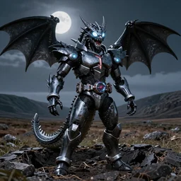 snarling humanoid dragon with inspired kamen rider armor with glowing eyes and mouth standing in a crater on the plains of scotland, glowing eyes, charcoal and silver color scheme, rubber suit, full body single character, moonlit night, good value control, high contrast, biomechanical elements, sci-fi, concept art