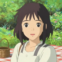 Portrait of a woman having a picnic in a verdant garden, beautiful face, highly detailed, photoshop, digital illustration, by Makoto Shinkai and Hayao Miyazaki, by Ilya Kuvshinov and Alphonse Mucha and Andrei Riabovitchev