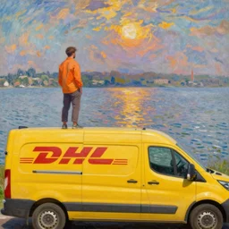 DHL yellow DHL van and the lake, with a standing man in orange shirt painting by Monet