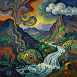 A modernist landscape painting. Wild energy patterns rippling in all directions. Curves, zig-zags. Organic. Mountains. Clouds. Vegetation. Rushing water. Waves. LSD. Fauvism. Odilon Redon. Agnes Pelton. Peter Max.