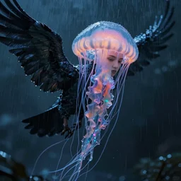 hyperrealism, night background rain, 3 / 4 profile portrait of a wet god real face jellyfish phoenix crow wings, artwork by tooth wu and wlop. octane render, trending on artstation, greg rutkowski cinematic, hyper realism, high detail, octane render, 8 k