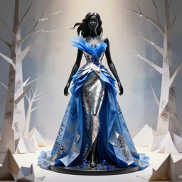 sculpture of a beautiful young female super model resembling sharon needles made out of black ceramic and sapphire wearing a blue tissue paper and silver geometric gown by marc jacobs, paper graffiti, trees made out of origami, ethereal, fantasy, lawrence alma tadema, james jean, oozium, peter morbacher, angelarium, alchemy, luxury, heavenly light, soft illumination, cinematic lighting, very detailed, 3 d octane render, artgerm, trending on artstation, cgi society