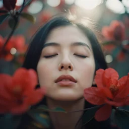 An analog head and shoulder face photography of a woman behind red flowers and leaves by Neil Krug. closed eyes. Kodak Portra 800 film. Depth of field. whirl bokeh. Sunshine. detailed. hq. realistic. warm light. muted colors. Moody. Filmic. Dreamy. lens flare. Leica M9, f/1.2, symmetrical balance, in-frame