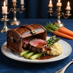 macro chest - level shot of a single plate with prime rib, asparagus, mashed potatoes and gravy, and steamed carrots with blue table cloth and lit candles in ornate silver candlesticks, ultra - realistic, photo realism, professional photograph, extreme detail, deep focus, laser sharp, volumetric lighting, atmospheric, luxury, elite