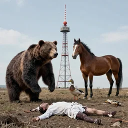 a bear, a horse, a duck and a radio station tower, a dead body lying on the air as a representative of 3 animals collective conscious, in conceptual & CoBrA style