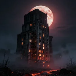 an old brutalist building with glowing windows rising up from the mist at night silhouetted by a huge bloodmoon, by Noah Bradley, thomas kincade, Darek Zabrocki, brutalist, James Paick, Natasha Tan, highly detailed, ultra detailed, ultra realistic, trending on artstation, lava, dungeons and dragons, spooky, haunted, geiger